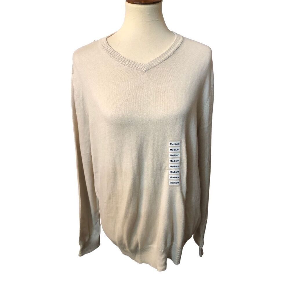 Light beige John Ashford oatmeal vee neck pullover long sleeve cotton sweater Si
